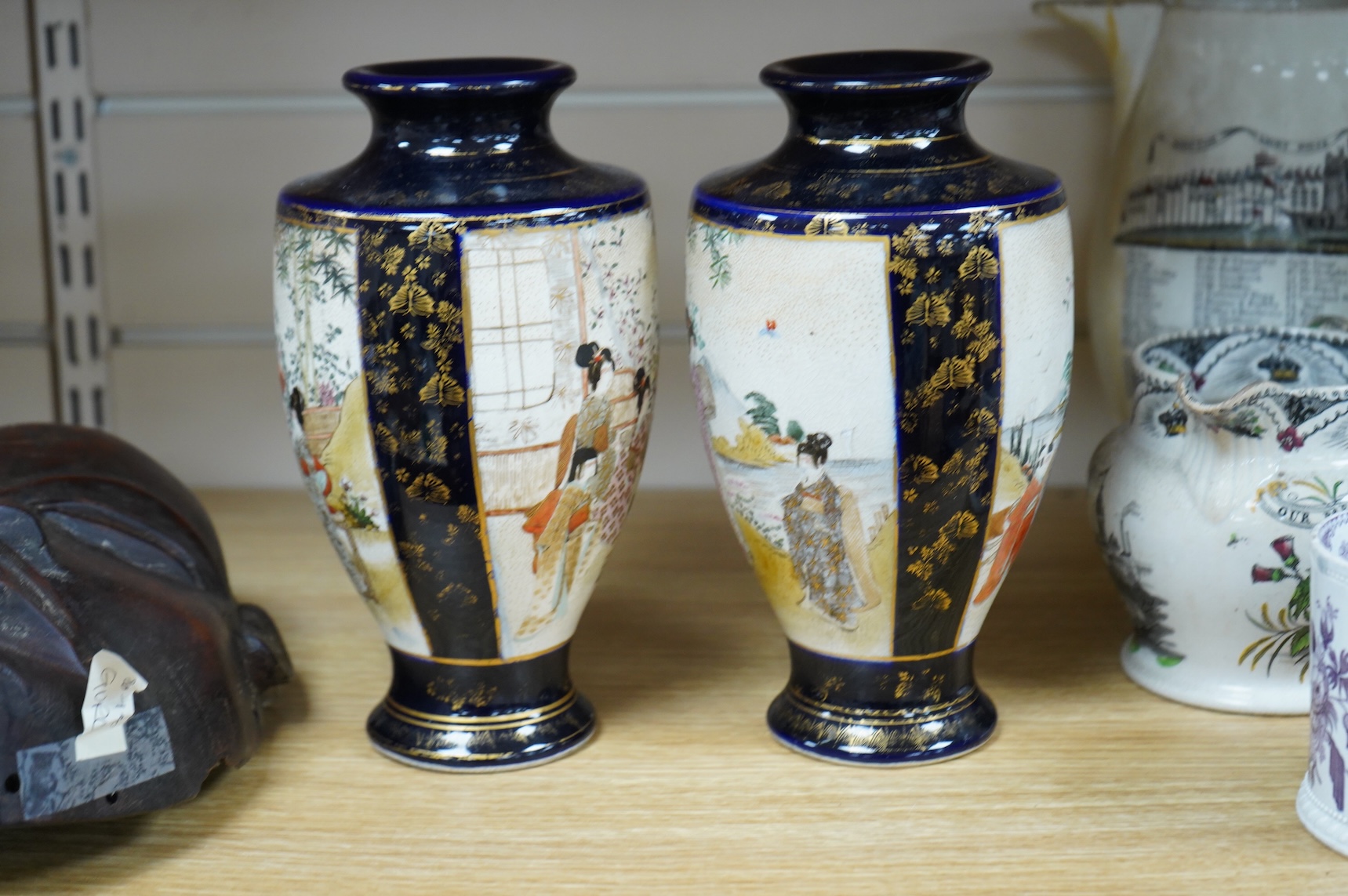 A late 19th century Chinese blue and white vase and cover and two Japanese Satsuma pottery vases, largest 24cm high
